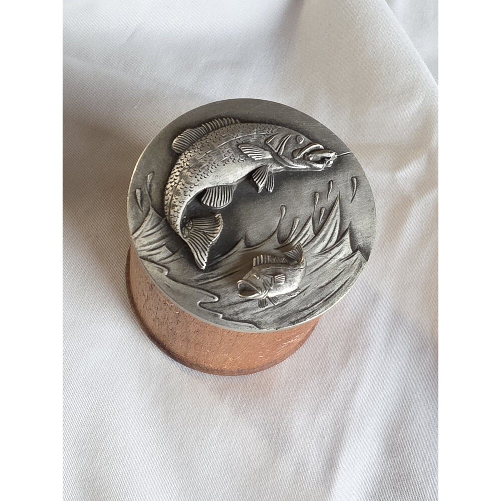 Vintage M.S. Dee Genuine Pewter Bass Fishing Trinket Box Wood w/ Matching Pin